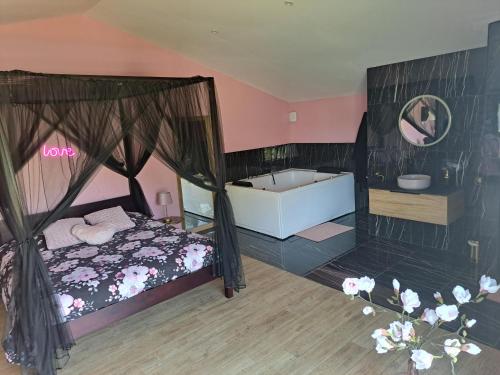 um quarto com uma cama, uma banheira e um lavatório em La suite d'Élise avec jaccuzi em Grumesnil
