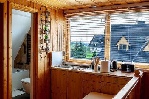 - une cuisine avec évier et une fenêtre dans une cabine dans l'établissement DOMKI Sielsko Góra, à Gliczarów