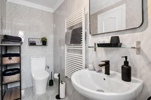 a bathroom with a sink and a toilet and a mirror at Appartment Patricia in Orba
