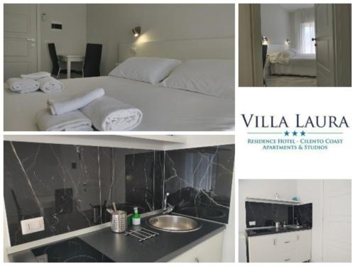 a collage of pictures of a bedroom and a bathroom at Villa Laura Residence Hotel Apartments & Studios in Ascea