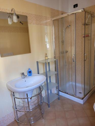 a bathroom with a sink and a shower at Casa IBISCO in Tenno