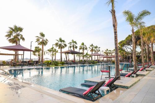 a pool at a resort with chairs and palm trees at Royal G Max in Golem