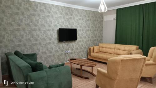 トラブゾンにあるSPRİNG livingのリビングルーム(ソファ、椅子、テレビ付)