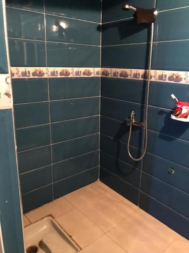 馬提的住宿－شقة مفروشة للكراء بمرتيل，浴室设有蓝色瓷砖淋浴。