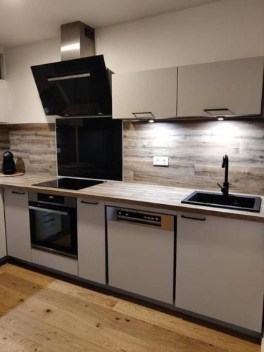 une cuisine avec un évier et un plan de travail dans l'établissement Appartement 65 m² proche pistes, à Bolquère-Pyrénées 2000