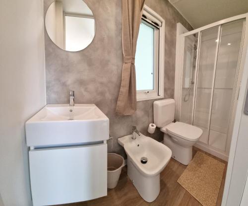 a bathroom with a sink and a toilet and a mirror at Camping La Rocca in Manerba del Garda