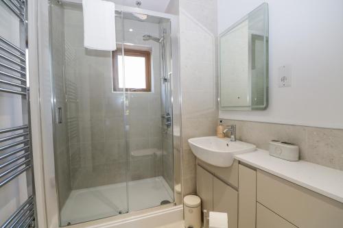 a bathroom with a shower and a sink at Robins Nest in Fareham