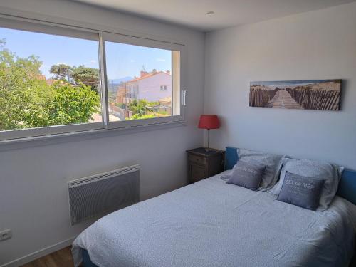 een slaapkamer met een bed en een groot raam bij Appartement indépendant avec terrasse à 200m de la plage in Canet-en-Roussillon