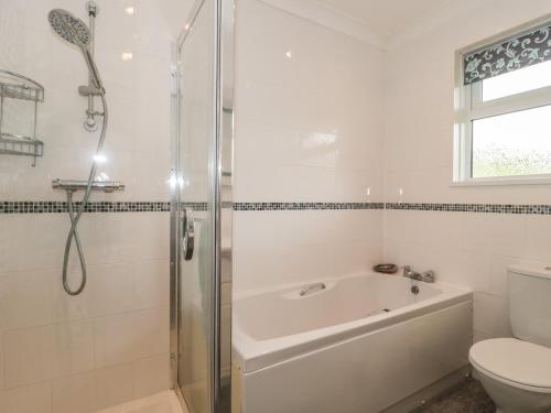 a bathroom with a shower and a tub and a toilet at Deepdene in Dorchester