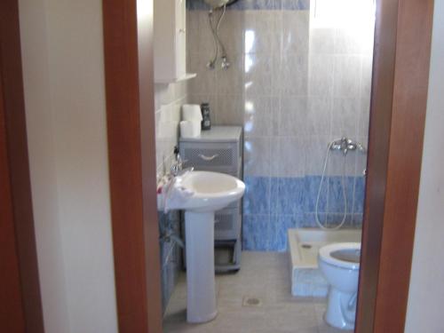 a bathroom with a sink and a toilet at Εξοχικό με θέα στον Όλυμπο in Skotina