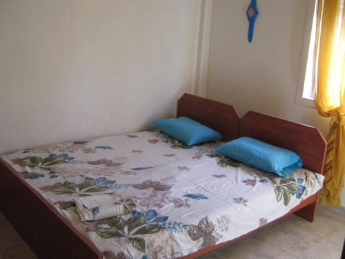 a small bed with two blue pillows on it at Εξοχικό με θέα στον Όλυμπο in Skotina