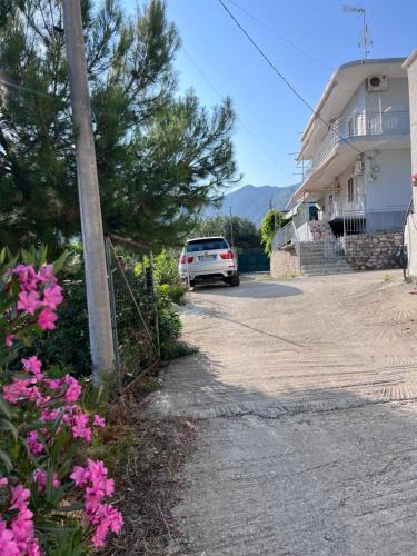 a car parked next to a house with pink flowers at Dhoma Plazhi Husi in Borsh