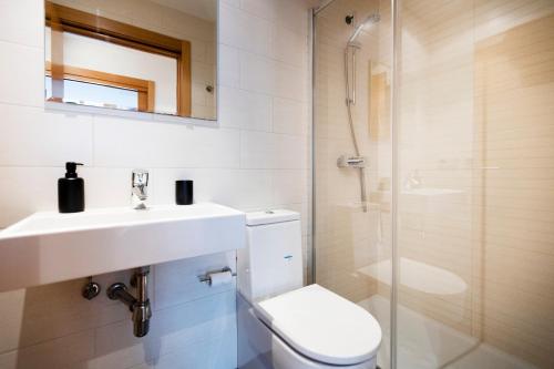 a bathroom with a toilet and a sink and a shower at Guadalupe by Basquelidays in Hondarribia