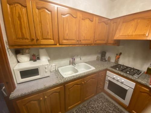 eine kleine Küche mit Spüle und Mikrowelle in der Unterkunft Carlota y Vaquero house in Vinarós