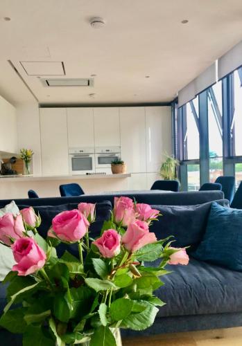 倫敦的住宿－Luxury 2 bedroom apartment 20 min from central London，蓝色的长沙发,上面有一束粉红色玫瑰花