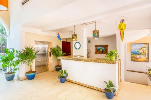 a lobby with potted plants and a counter at Hotel Pueblito Vallarta in Puerto Vallarta