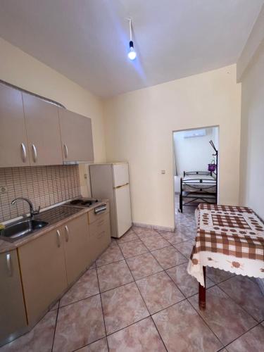 a kitchen with a sink and a refrigerator at Dhoma Plazhi Husi in Borsh