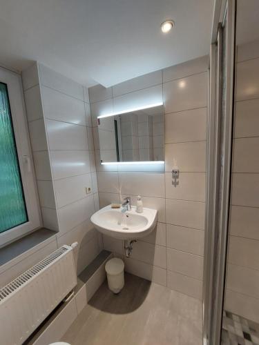 a white bathroom with a sink and a mirror at Waldesruh in Sallgast