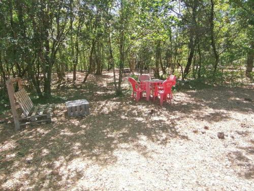 una mesa de picnic y sillas a la sombra de los árboles en L escale de larcher, en Saint-Aubin-de-Nabirat