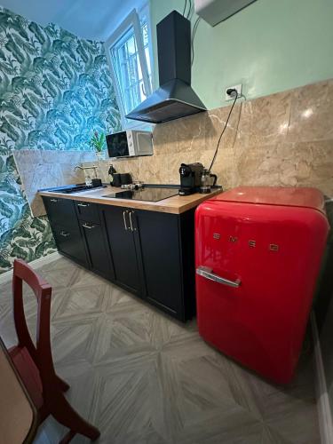 einem roten Koffer in einer Küche mit Spüle in der Unterkunft Casetta Beatrice Tivoli Holiday Home in Tivoli