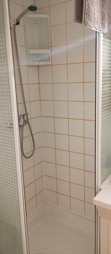 une douche avec une porte vitrée dans une salle de bain dans l'établissement joli appart les pieds dans l'eau,terrasse et clim, au Barcarès