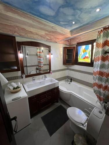 a bathroom with a sink and a tub and a toilet at Villa Ioanna Oxylithos, Kymi in Oxílithos
