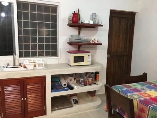 a kitchen with a counter with a microwave on it at Casita Sac-Nicté in Mahahual