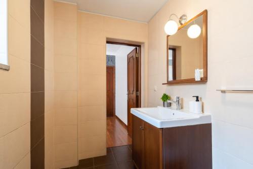 La salle de bains est pourvue d'un lavabo et d'un miroir. dans l'établissement Spacious Duplex House - Jacuzzi & Terrace, à Porto