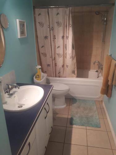 a bathroom with a sink and a toilet and a shower curtain at W.R.M in Calgary