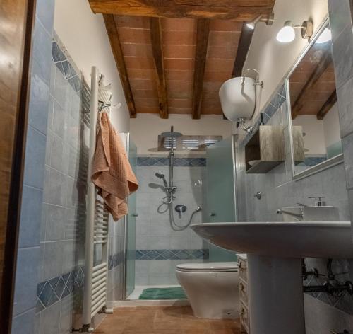 y baño con lavabo y ducha. en Podere le Fonti, en Poggibonsi