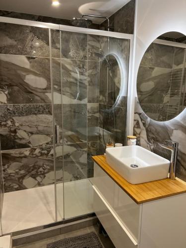 une salle de bain avec un lavabo et une douche dans l'établissement Le Ravello proche gare PARTDIEU, à Lyon