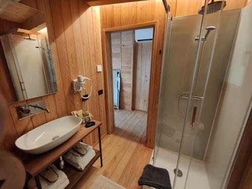 a bathroom with a sink and a shower at Tree House San Giorgio in Solagna