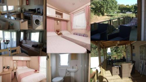 Un collage de quatre photos d'une petite maison dans l'établissement Mobil home le Montourey, à Fréjus
