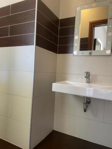 La salle de bains est pourvue d'un lavabo et d'un miroir. dans l'établissement Maki, à Vir