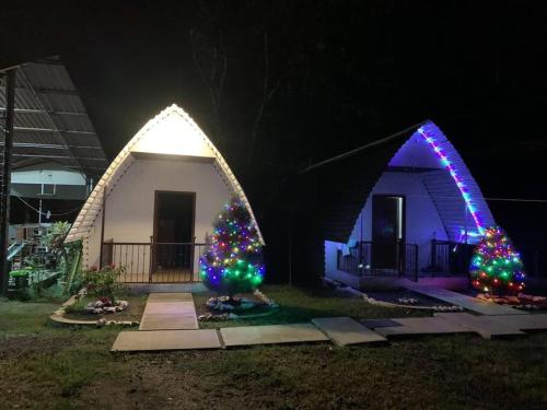 a house decorated with christmas trees and lights at Eco Hotel villas del Tortuguero 1 in Cariari