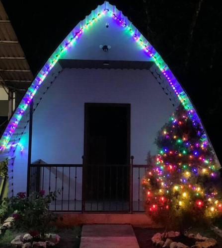 a christmas tree with christmas lights on a house at Eco Hotel villas del Tortuguero 1 in Cariari