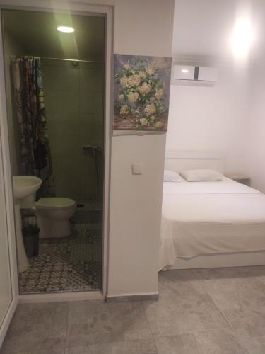 a bedroom with a bed and a bathroom with a toilet at Guest House Banuri in Kutaisi