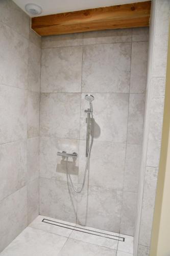 une douche avec une porte vitrée dans une salle de bain dans l'établissement Grande maison de vacances Les Reinettes, à Cheffois