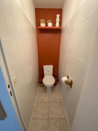 a small bathroom with a toilet and a shelf at Os-thel, Chambres à louer in Tautavel
