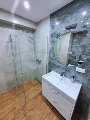 a bathroom with a shower and a sink and a mirror at Apartament Rubin in Zator