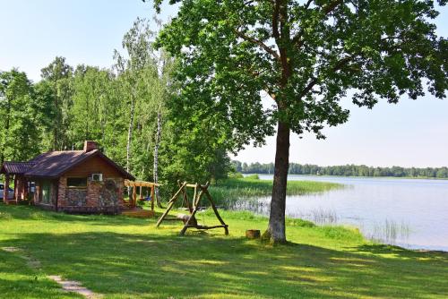 a house with a playground next to a lake at Duriu sodyba in Molėtai