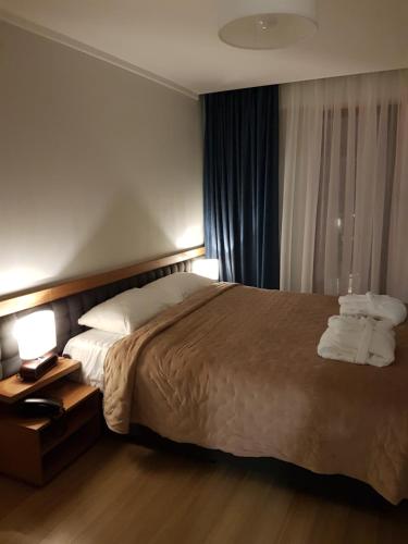 Habitación de hotel con cama grande y 2 almohadas en ORBI PALACE room 556 en Bakuriani