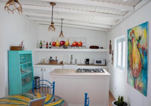 uma cozinha com paredes brancas e um balcão com frutas em CASA BONITA em Maunabo