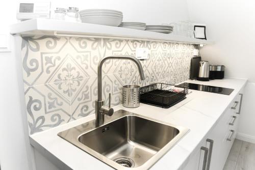 a kitchen counter with a sink in a kitchen at Raba92 Apartman House in Győr