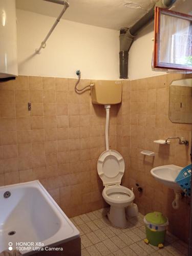 a bathroom with a toilet and a sink and a tub at Apartmani Gina in Sutomore