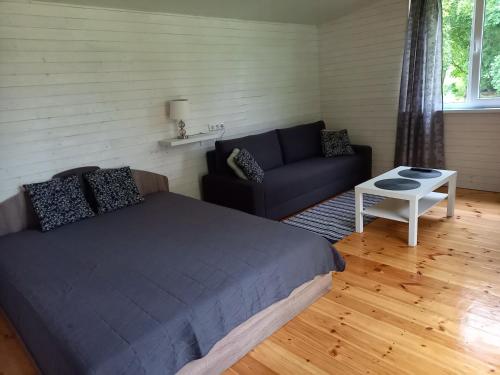 a bedroom with a bed and a couch and a table at Namelis Drevernoje in Dreverna