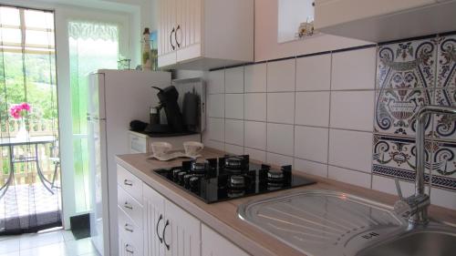 a kitchen with a stove top oven next to a sink at Csaford Lodge in Felsőhegy