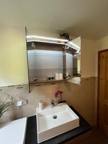 uma casa de banho com um lavatório branco e um espelho. em Ferienwohnung Sonnenstrahl em Friesenried