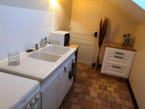 a kitchen with a sink and a microwave at Studio proche zoo de la Flèche in La Flèche