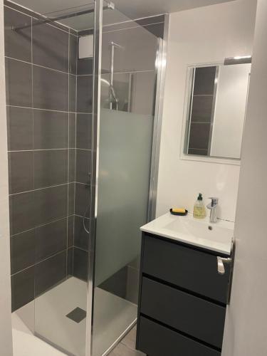 La salle de bains est pourvue d'une douche et d'un lavabo. dans l'établissement Chalet rénové Cabourg, à Cabourg